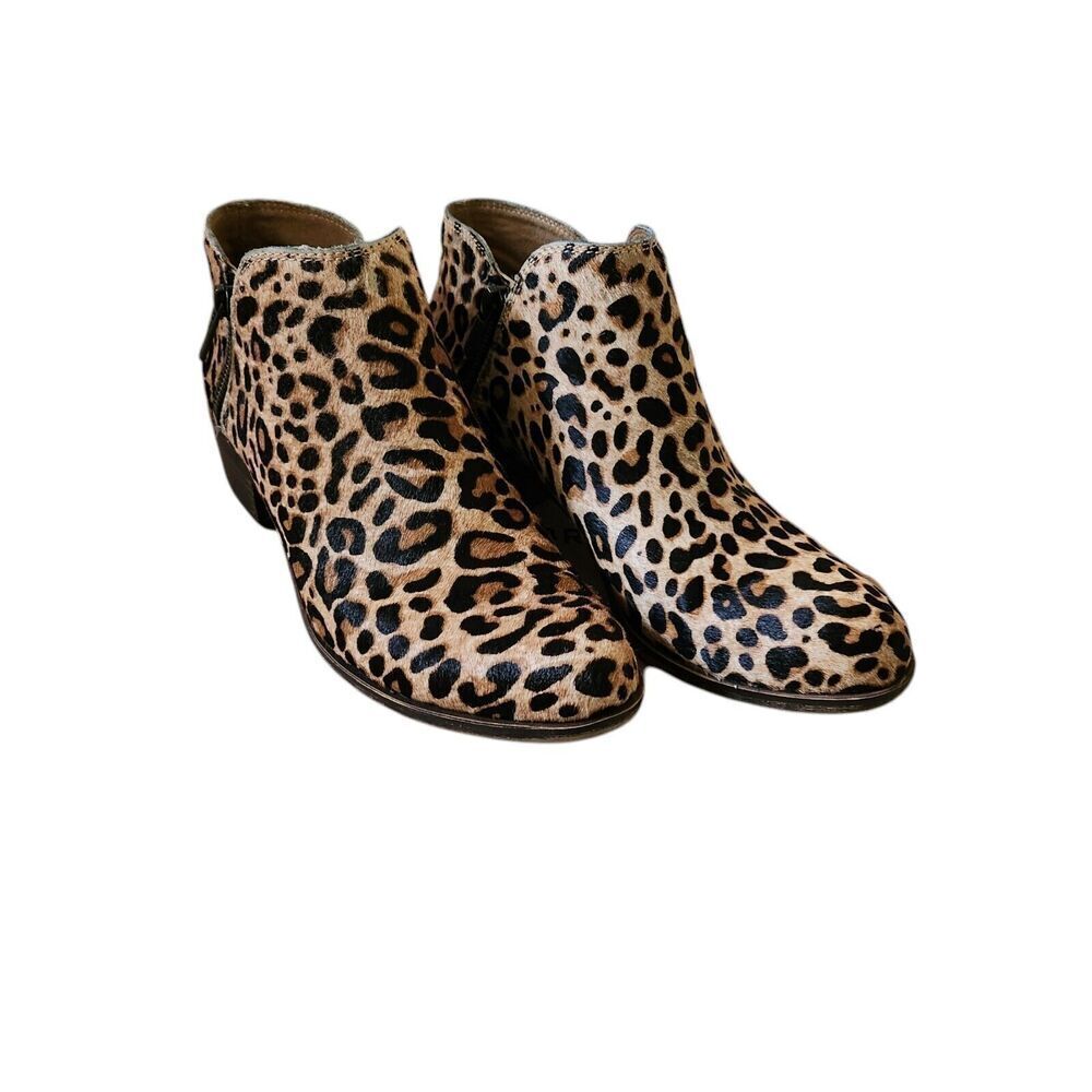 Lucky Brand Ankle Boots 7.5 Burklee Tan Black Leopard Print Calf Hair Booties